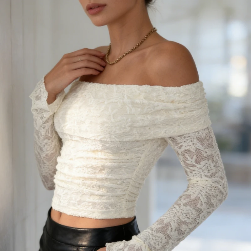 Nuevo Top elegante de manga larga con un cuello para mujer, blusa informal Retro Sexy con bordado de encaje de Color sólido para oficina, primavera y verano