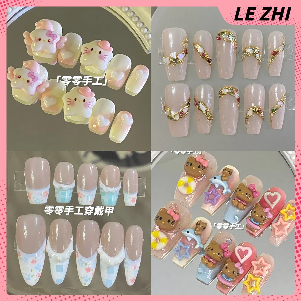 

Cartoon 3D Wearable Press On Nails Hello Kitty Pochacco Luxury Rhinestone Pearls Artifical Full Cover Nail Party Stickers