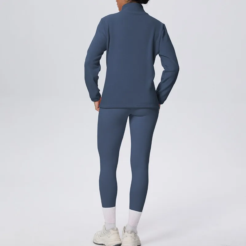 

Women's Solid Color Yoga Suit with Stand Up Collar and Plush Warm Pants Zipper Jacket Sports Suit Outdoor Running Fitness Suit