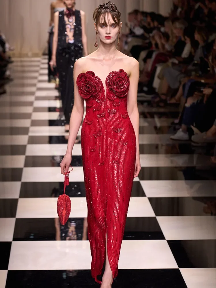 

High End Party Dress Women Red Strapless Appliques Sequines Ankle Length Long Celebrity Evening Party Gowns Activity Clothing