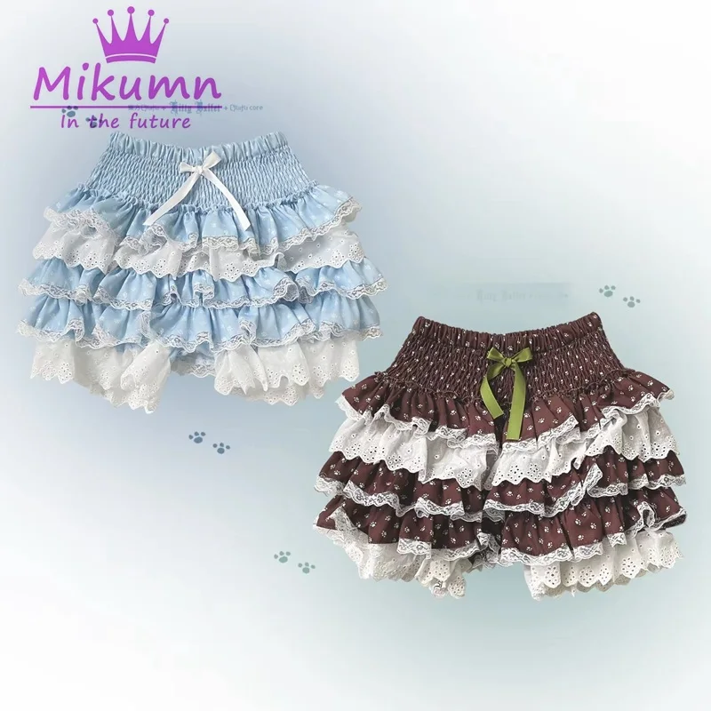 Mikumn Japanische Lolita Kawaii Katzenpfoten-Print Shorts Damen Süße Y2K Schleife Spitze Rüschen Kuchen-Shorts Mädchen Niedliche Bloomers Röcke