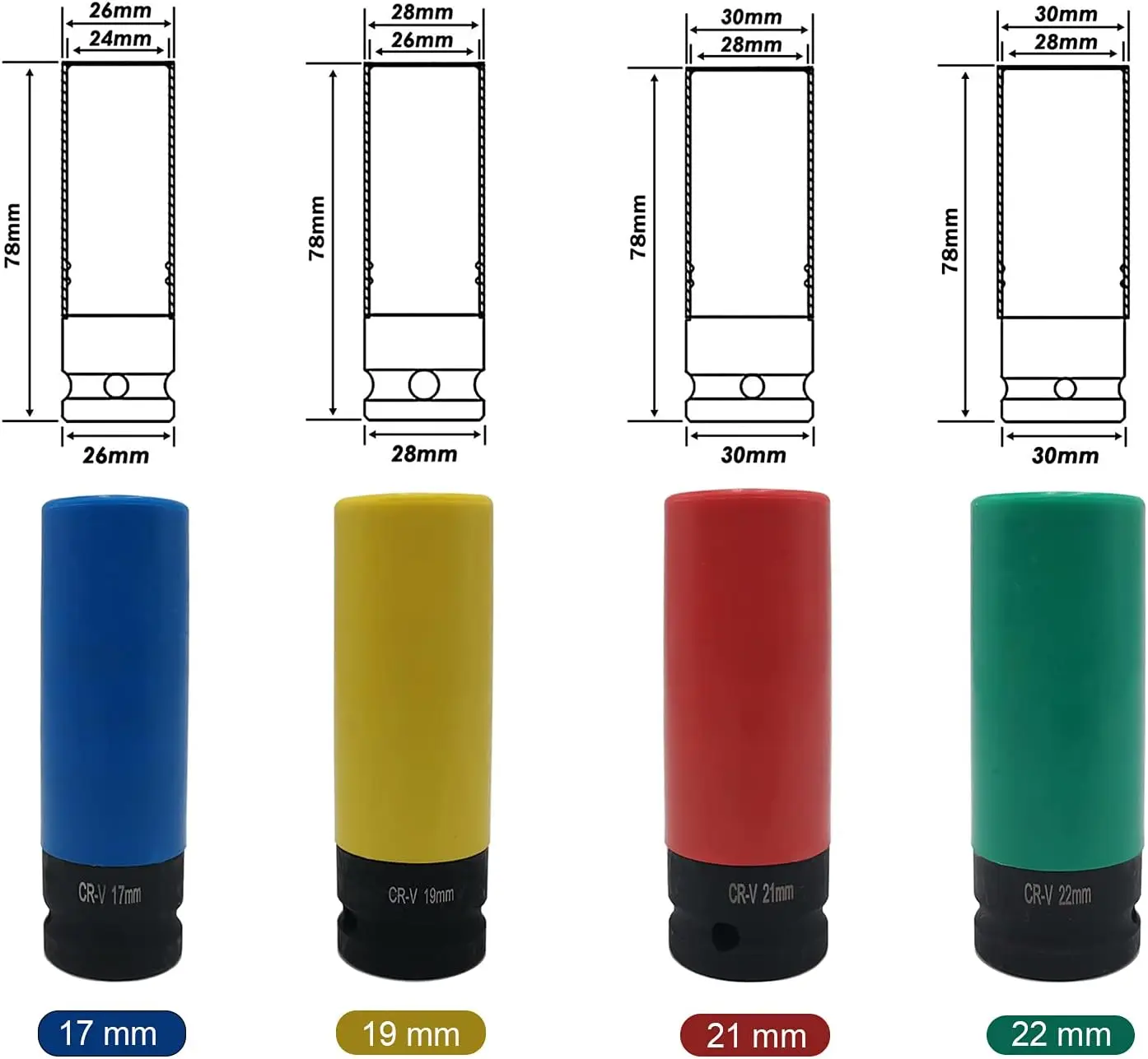 1/2 Inch Drive Wheel Protector Impact Socket Thin Wall Deep Impact Socket Set Plastic Sleeve Lug Nut 17mm, 19mm, 21mm, 22mm