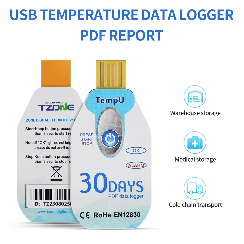 USB Humidity Temperature Data Logger Thermometer 14400 Points RH TEMP Recorder PDF Report 30/60/90 Days Disposable with Warning