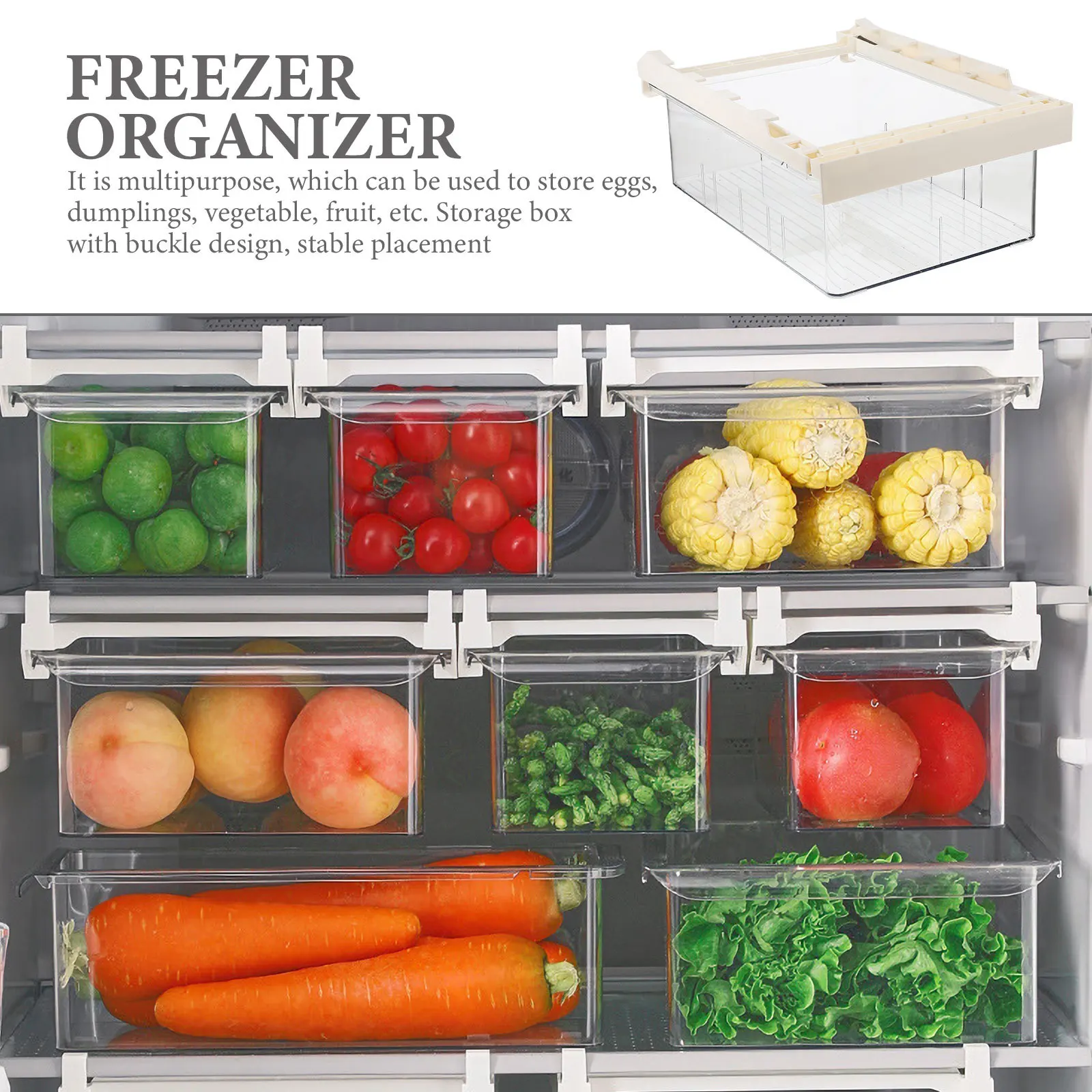 

Stackable Refrigerator Organizer Box for Fresh Keeping Multipurpose Food Storage Container with Smooth Surface and Buckle Design