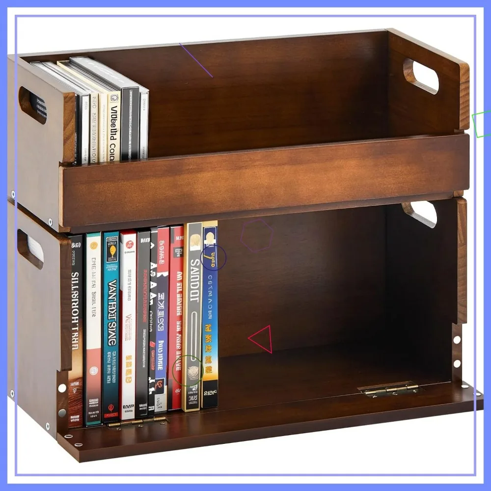 

Wooden DVD CD Storage Box with Handle, Holds 36 CDs and 26 DVDs, Organizer Shelf for Movie Cases in Brown