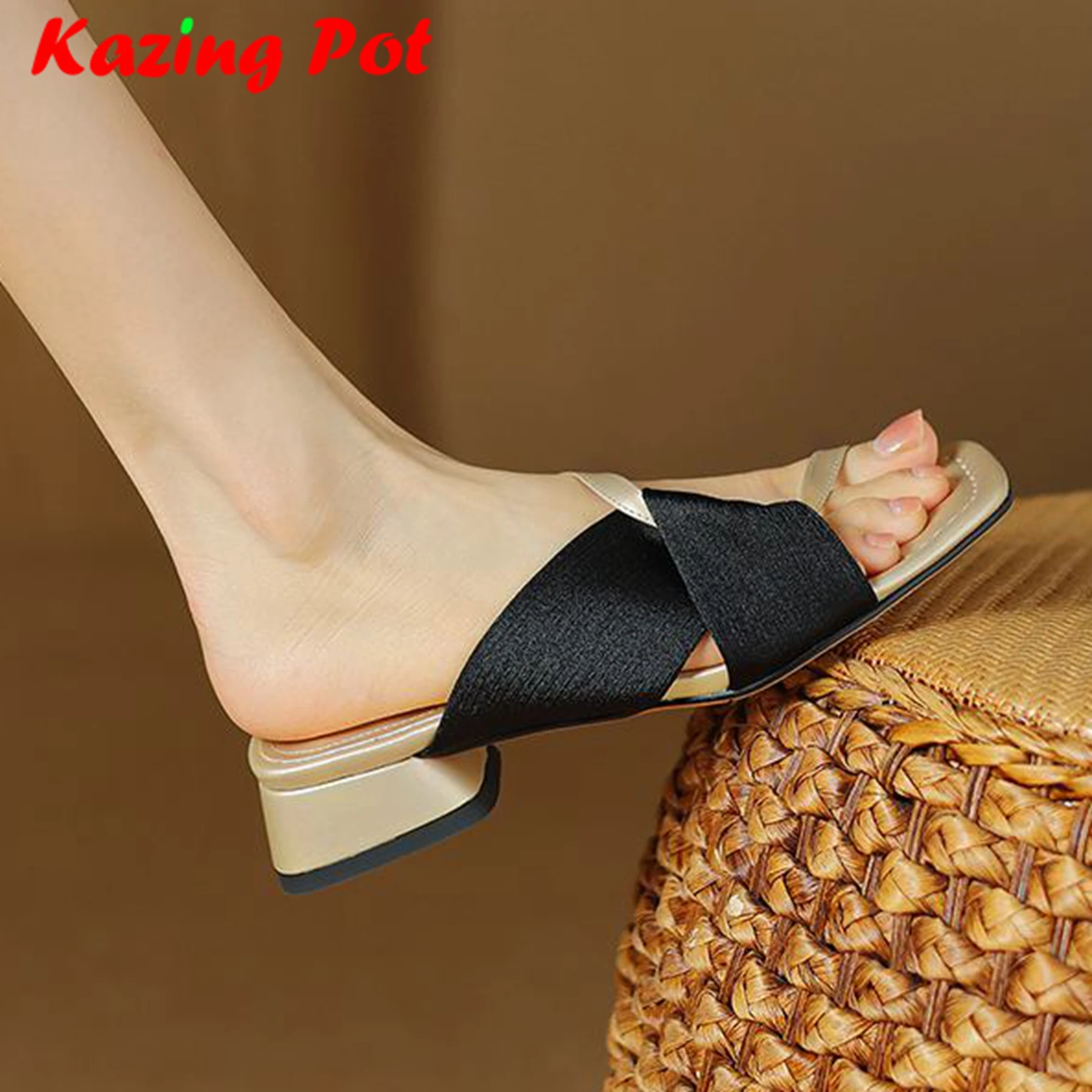 Krazing Pot Ins Gladiator Cow Leather Stain Slip On Summer Shoes Mules Thick Low Heels Office Lady Holiday Elegant Women Sandals