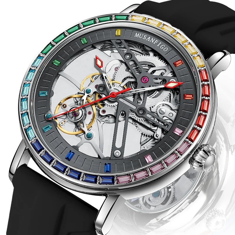 MUSANFIGO New Hollowed Out Fully Automatic Mechanical Watch for Men, Color Diamond Stainless Steel Luminous Waterproof Watch