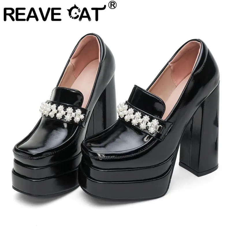 

REAVE CAT 2025 Sexy Female Pumps Square Toe Chunky Heels 14cm Double Platform 4cm Slip On Crystal Plus Size 43 44 45 Shiny Bota