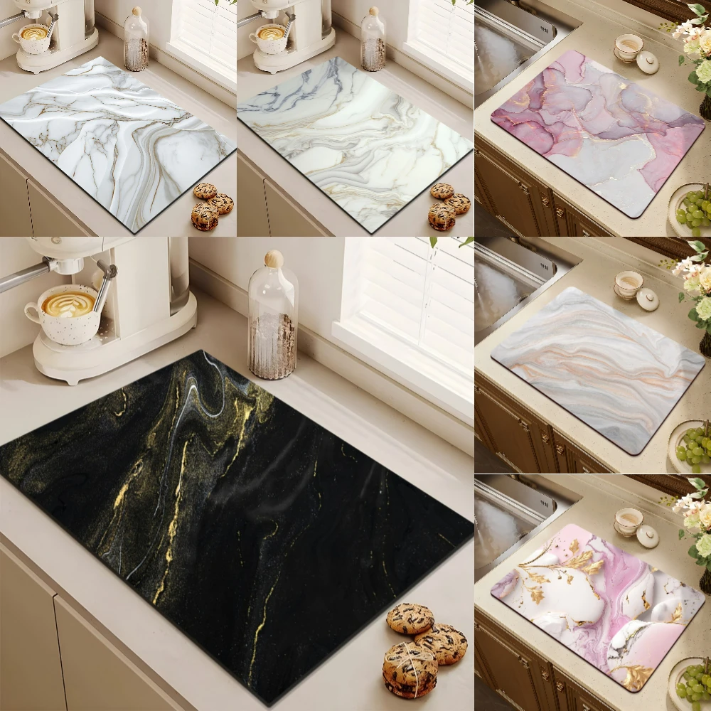 1pcs Marble Texture Drying Mat for Kitchen Countertop Absorbent Quick Dry Dish Rack Pad Non Slip Tableware Drainage Coaster Home