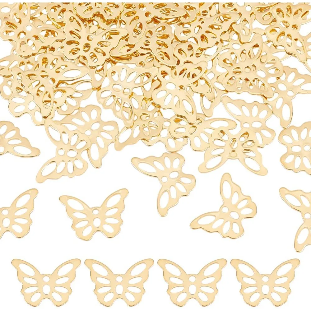 

60 шт., филигранные подвески-бабочки, 10,5 мм, полые подвески в виде золотой бабочки, гравированные металлические украшения в виде бабочек, нержавеющая сталь