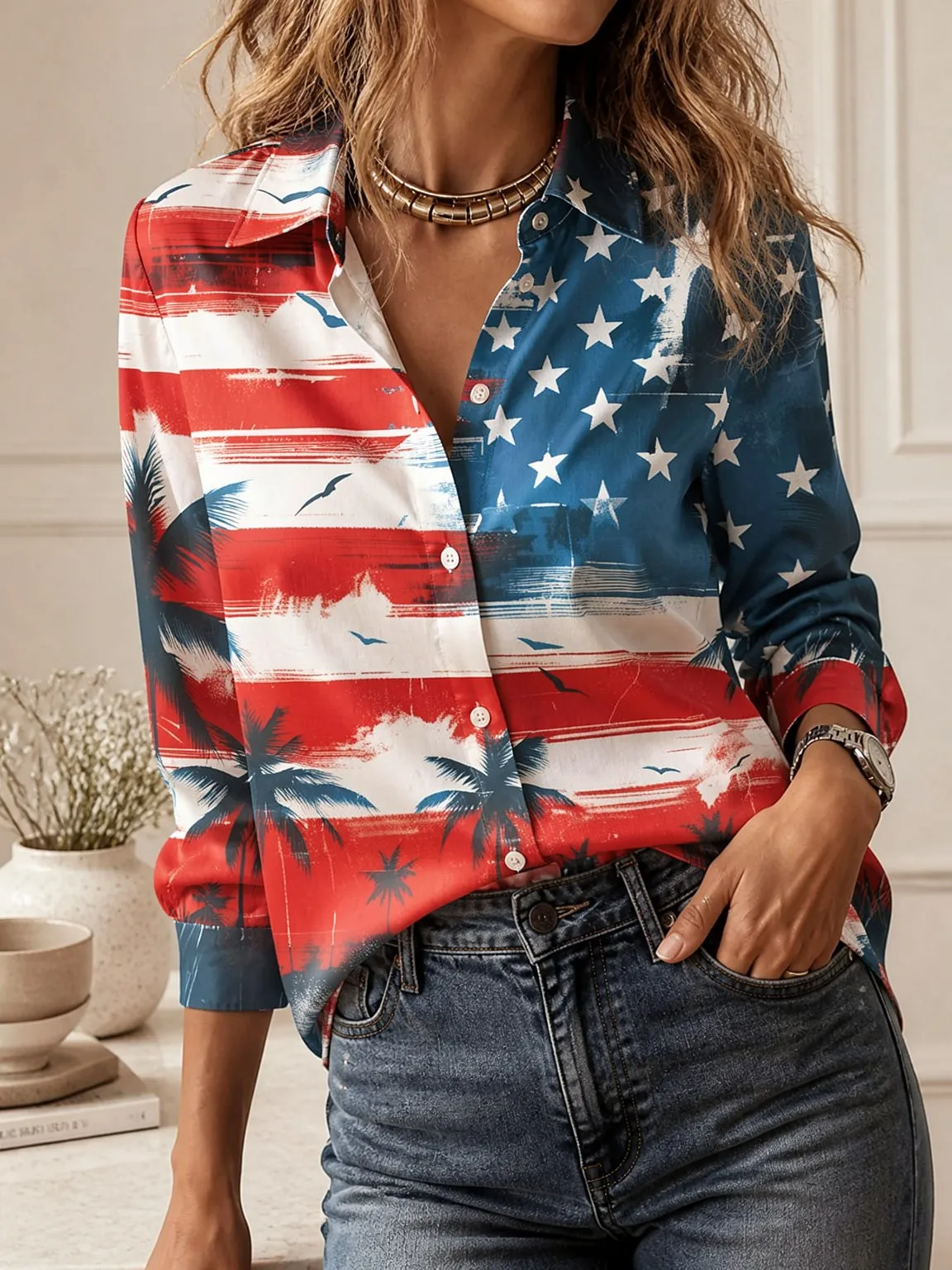 2026Women Turn Down Collar Long Sleeve Shirt, Single Breasted Loose Fit Blouse for Office Daily Dating Street Wear view 5