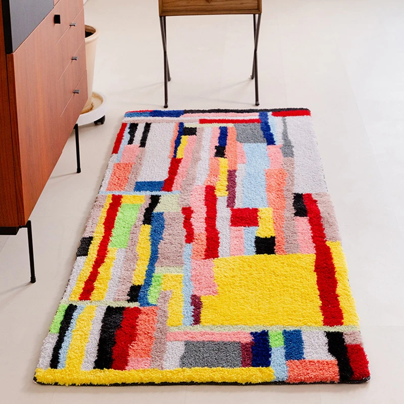 Colorful Geometric Plaid Bedroom Carpet Soft Plush Kid Room Play Mat Bedside Rug Long Home Hallway Runner Rug Nordic Ins Rug