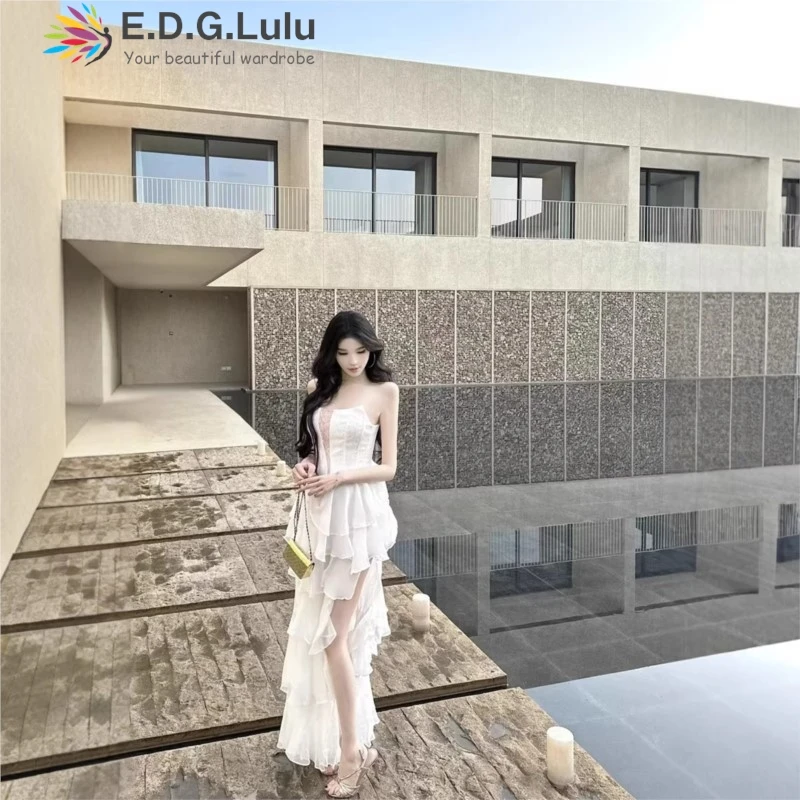 EDGLuLu Sexy Strapless Long Dresses For Women Design Stacked Lotus Leaf Edges Asymmetrical Birthday Party Evening Gown 0303