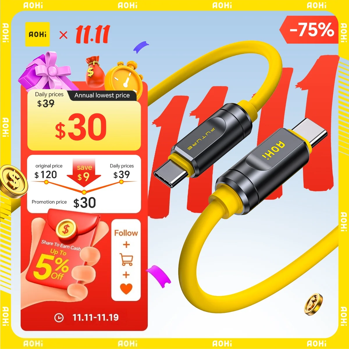 

AOHI THE FUTURE Adonis USB4 2.0 Type C Cable 240W Fast Charging 3.3FT (120Gbps/ 8K/ PD3.1) For MacBook iPad