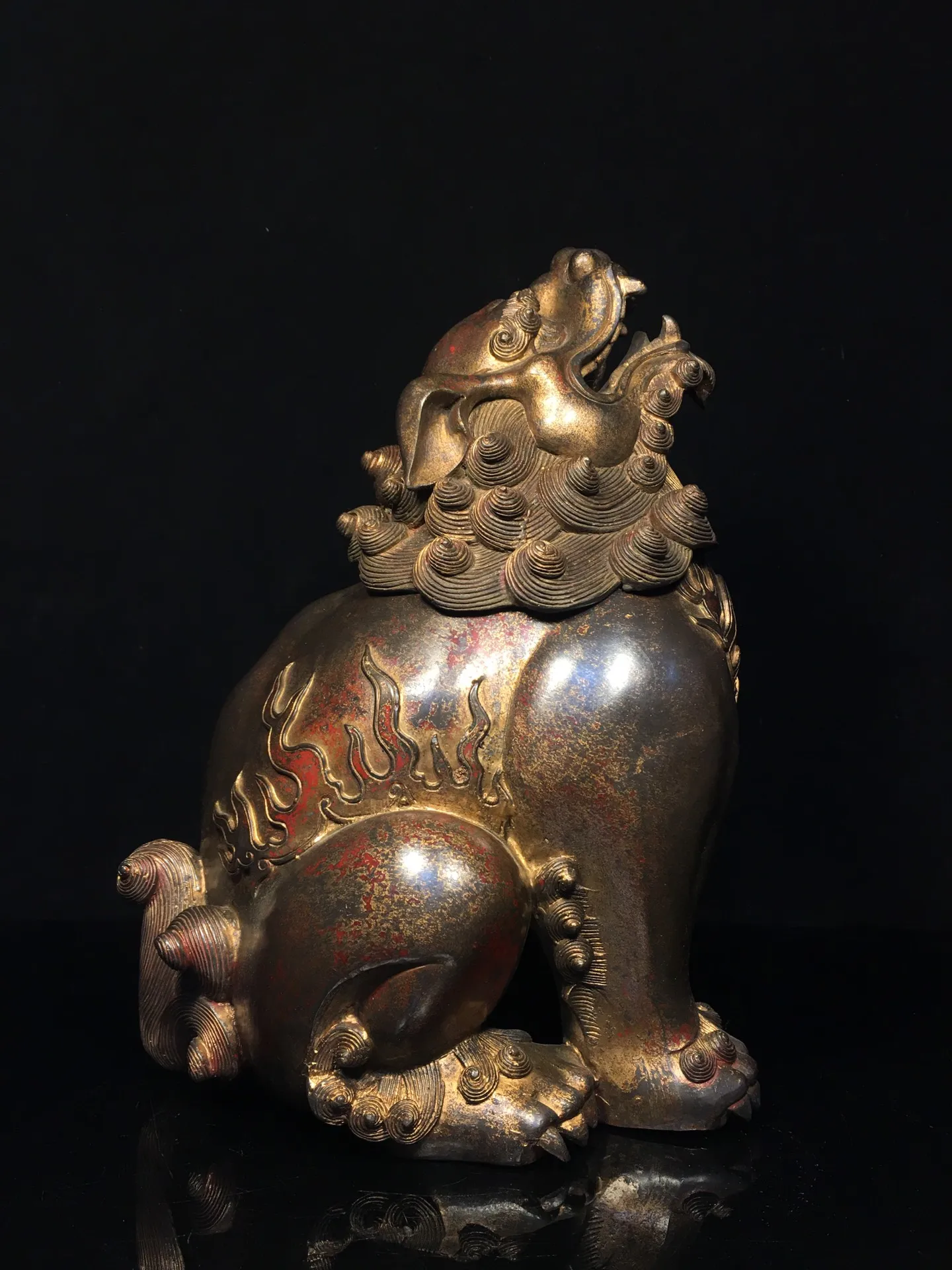 

13"Tibetan Temple CollectionOld Bronze Cinnabar Gilded Wangtian Roar Divine Beast Unicorn Incense Burner Town house Exorcism