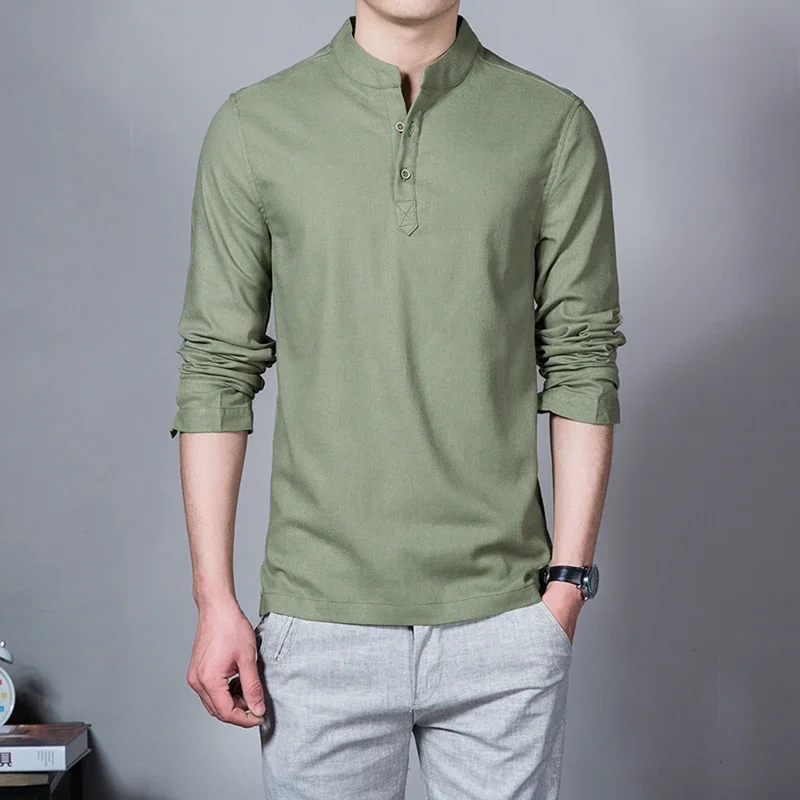 Men\'s Clothing  Men Spring Tops & Tees Male Fashion T-Shirts Stand Collar Long-sleeved Slim Base Shirt Homme Linen t-shirt