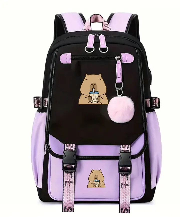 Schulrucksack für Kinder Teenager Kawaii Capybara Schultasche Mädchen Jungen Kinder Rucksack Teenager Rucksack USB Lade Büchertasche