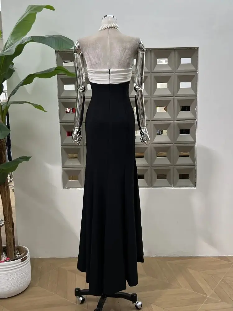 Vestidos de mujer Sexy elegante moda ceñido al cuerpo franjas de diferente Color sin tirantes sin espalda recortado Fiesta Club vestido de noche vestido largo nuevo