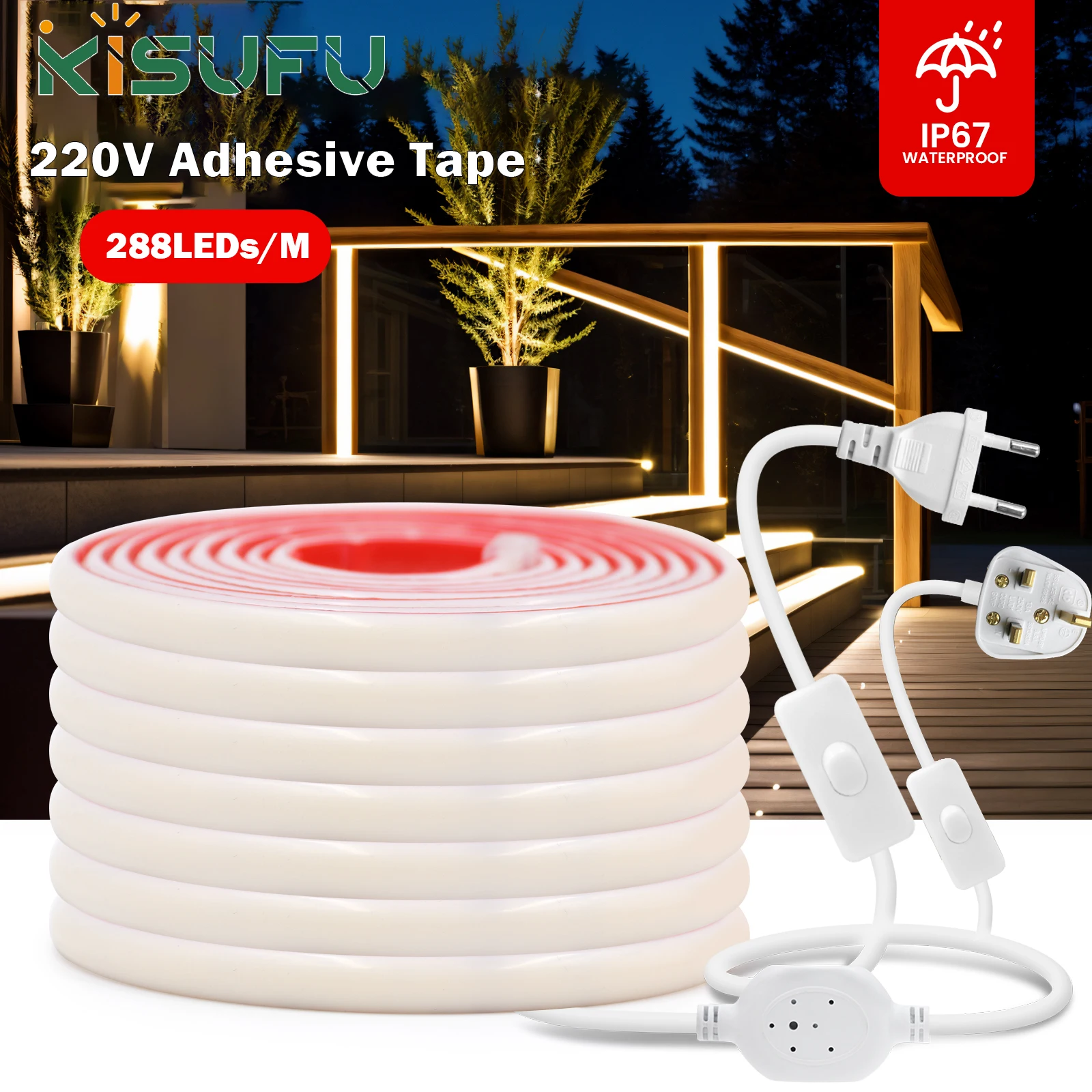 

230V 220V COB LED Adhesive Strip Light With Switch EU/UK Pulg IP67 Waterproof 288LEDs/M 3000K 4000K 6000K Flexible Ribbon Tape