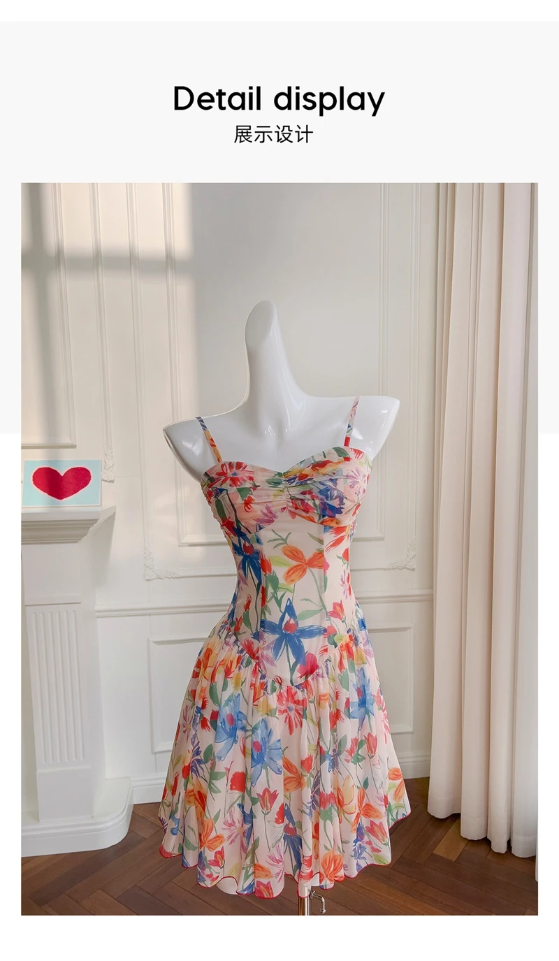 Lingzhiwu-holiday dress with spaghetti strap, French style, fresh flower, for vacation, new arrival