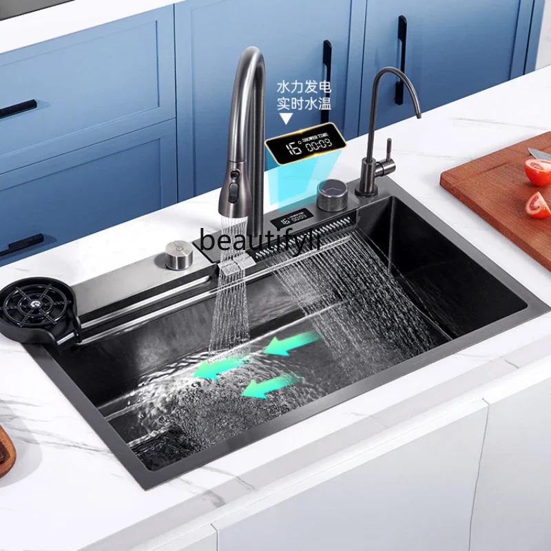 

Left Side Water Digital Display Flying Rain Sink 304 Stainless Steel Vegetable Washing Basin Kitchen Sink