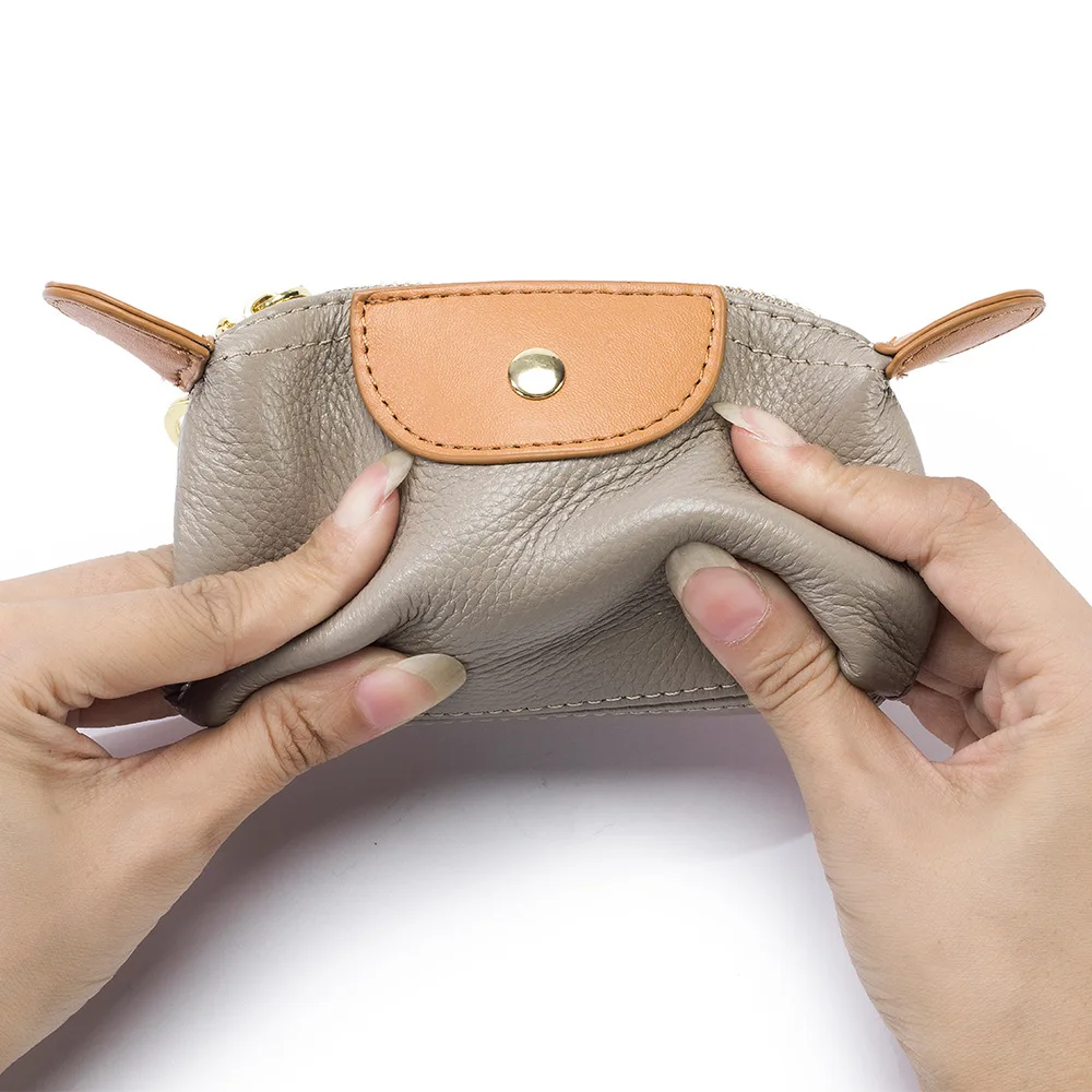 Zippered Genuine Leather Coin Purse Luxury Dumplings Design Large Capacity Change Pouch Cosmetics Wallet with Key Ring for Women