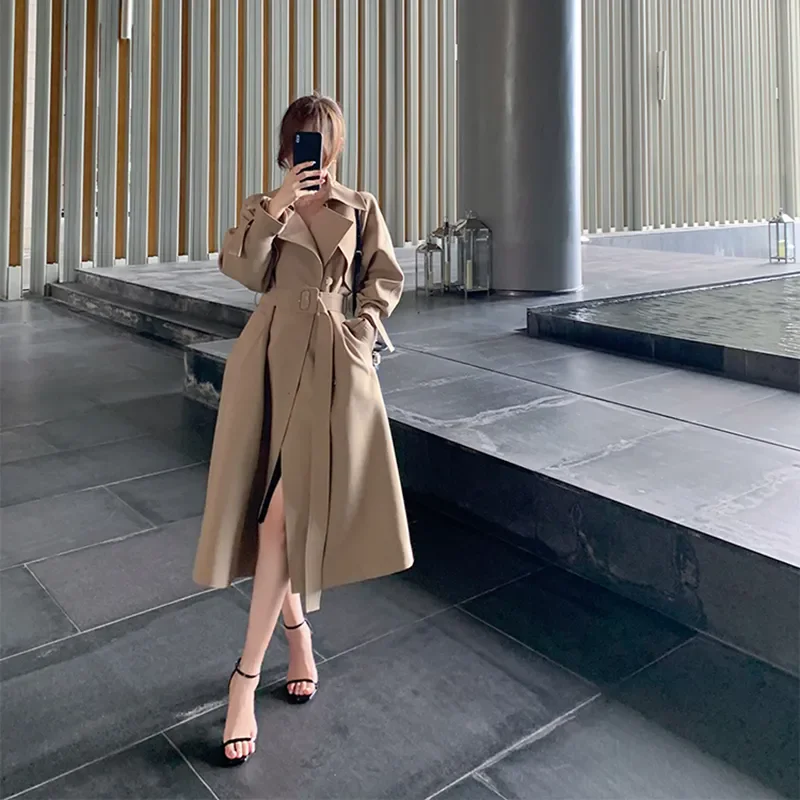 Women's Casual Double-breasted Trenchcoat Jacket Loose Medium-Length with Belt Autumn Winter Chic Windbreaker Overcoat