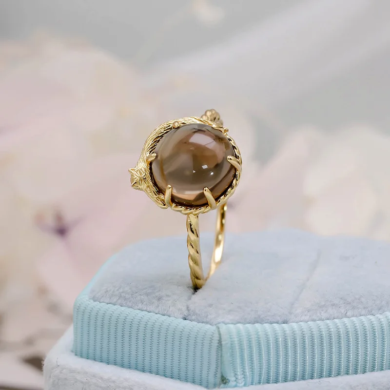

925 Sterling Silver Rings for Women Accessories Natural Smoky Quartz Gemstone 18KGold Plated Cat Shape Ring Gifts RI238