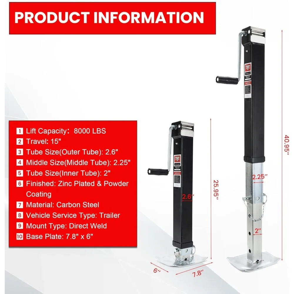 Cric per rimorchio quadrato con capacità di 8000 libbre per impieghi gravosi con sollevamento da 15 pollici e gamba ribaltabile regolabile