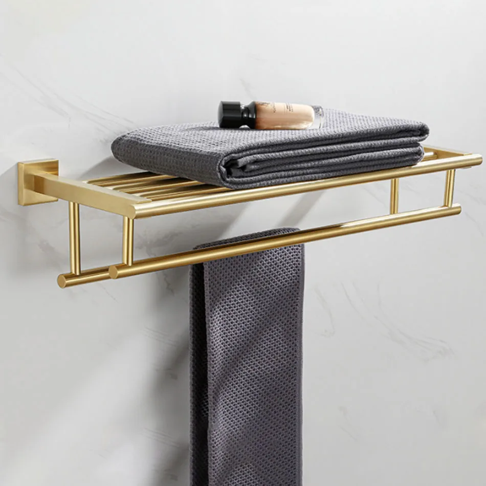 Towel Rack Brushed Gold Black Sliver Wall Mounted 304 Stainless Steel Lavatory Bathroom Bath Towel Clothes Storage Holder Rack