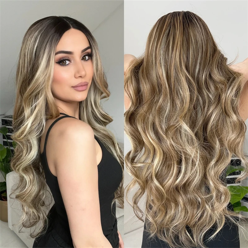 يوميا 13x4 أومبير براون شقراء الاصطناعية HD الدانتيل شعر مستعار أمامي 30 بوصة سوبر طويل الجسم موجة شعر مستعار جودة عالية ألياف مقاومة للحرارة شعر مستعار #1