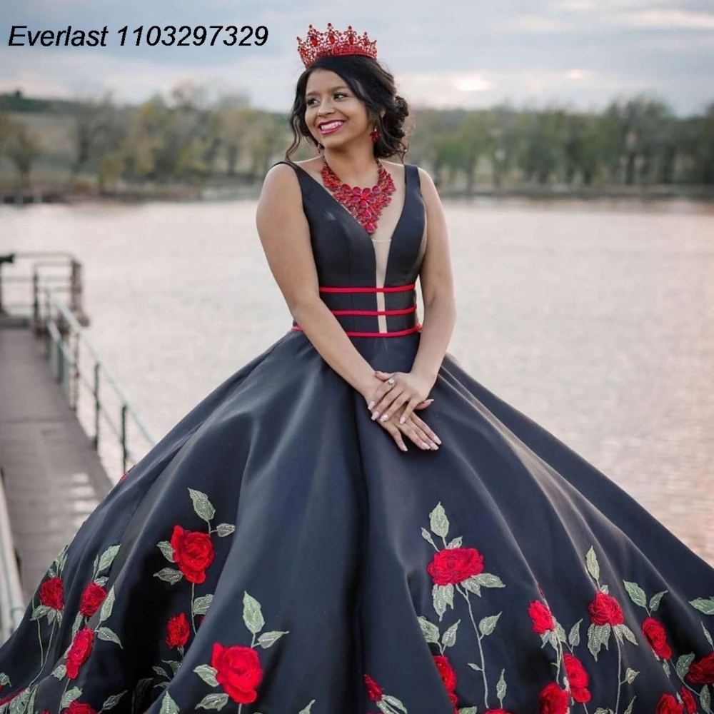 EVLAST Aangepaste zwarte quinceanera jurk baljurk rode bloemen applique kralen v-hals corset sweet 16, vestido de 15 anos TQD930