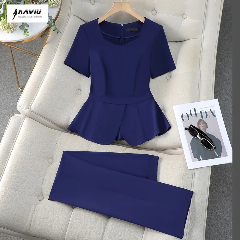 NAVIU Women Wear Stylish Scrub Suits Office Ladies Uniform Pants Suits Solid Color Unisex Operating Work Wear Black Blue