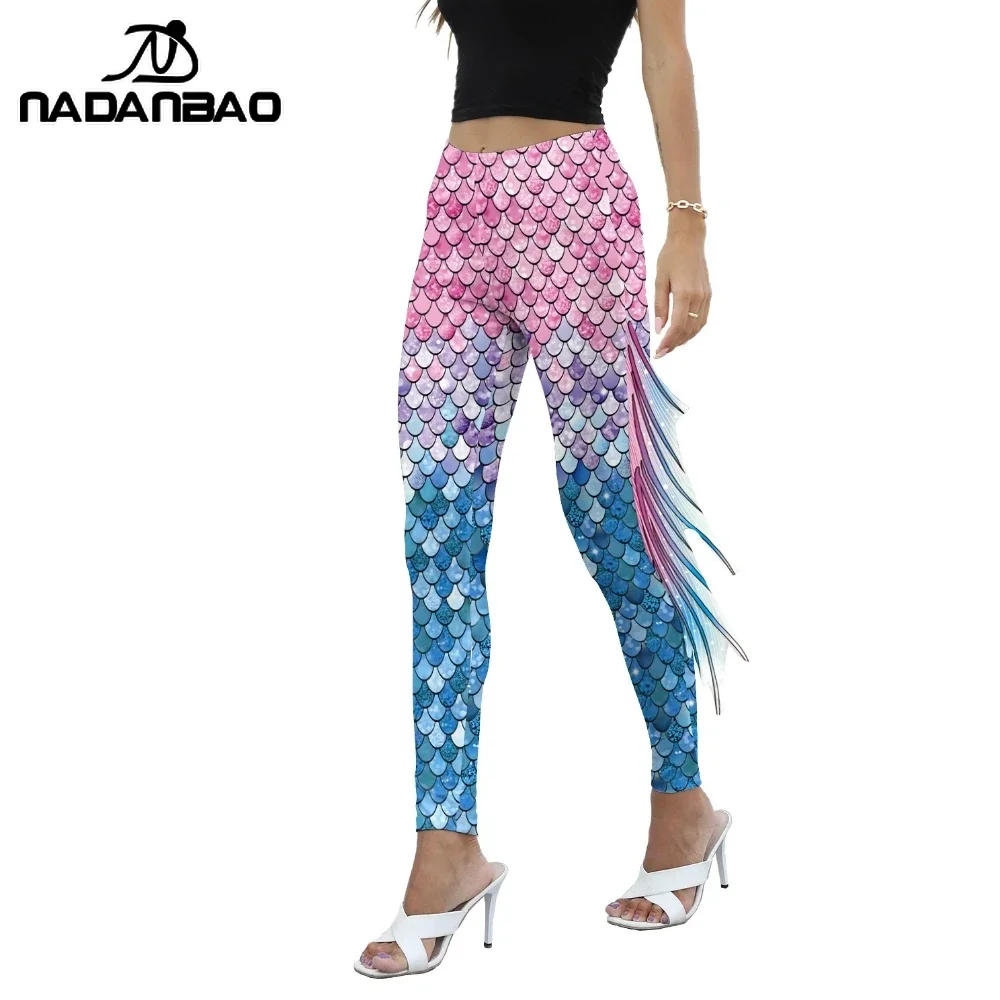 NADANBAO 女性マーメイドプリントレギンス女性のための魚の鱗 3D パターンパンツミッドウエストファッションズボン夏のファッション水着