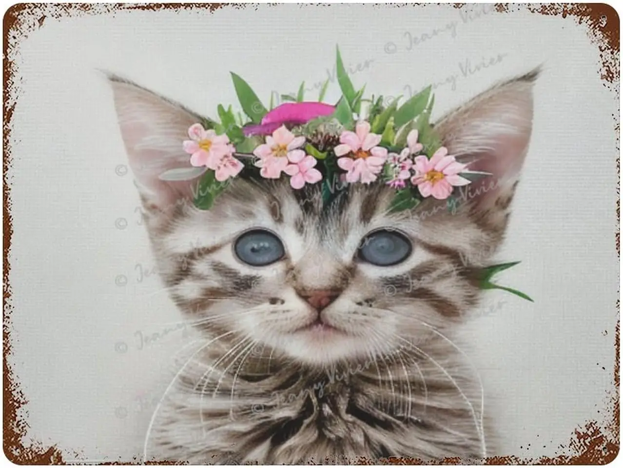 Cartel de hojalata con estampado de animales y mascotas para guardería, imágenes de gato encantador, bonito letrero de Metal con corona de flores, póster divertido para habitación de niños, Gato Ro