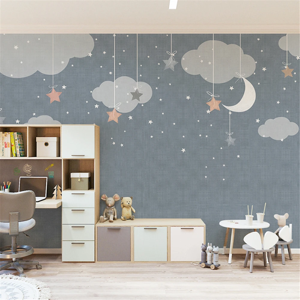 Custom Moon Star Cloud Wallpaper for Children's Room Bedroom Background wall stickers Painting Cartoon 3D wall papers home decor