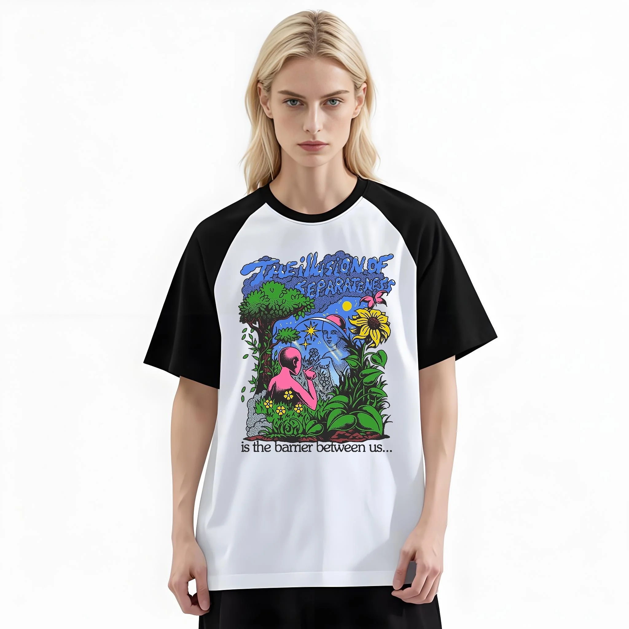 Women'S Fashion Raglan Sleeve T-Shirt, The Illusion Of Separateness Psychedelic Nature Printed, Summer Casual Comfortable Tee, Women'S Everyday Short-Sleeve Top