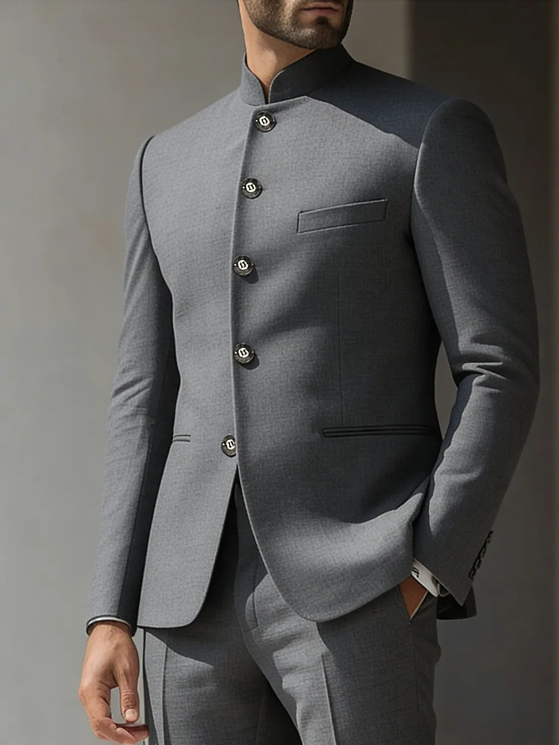 

solid-stand-collar-button-long-sleeve-jacket