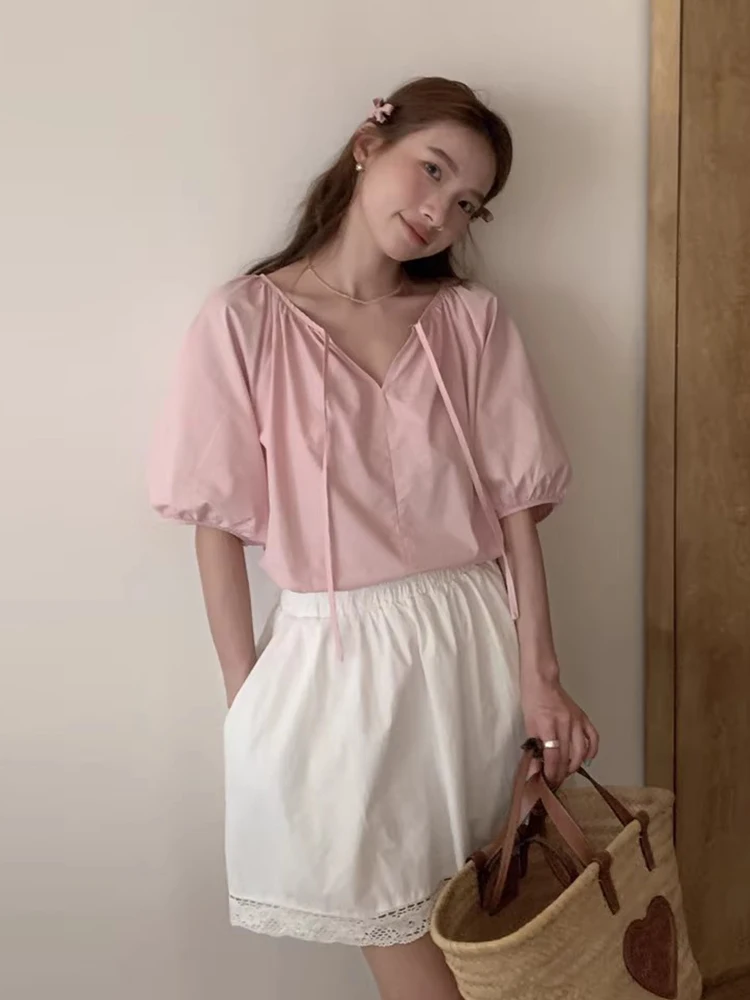 

Chic Summer Sweet Personali f Open V-Ne Bow Tie Loose Match Pure Color Bubble Sve Doll irt Blouse Korean Sle