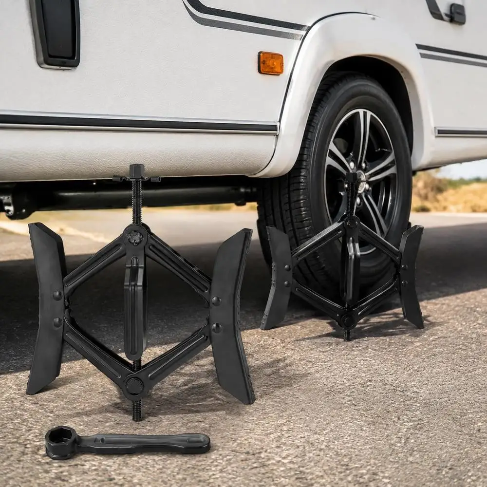 Cale de roue pour camping-car, cale de blocage de pneu robuste en forme de H pour camping-car, clé intégrée adaptée aux pneus de 3,5 à 12 pouces, 2 jeux de cales de roue pour camping-car avec clé à cliquet pour remorques de camping-car.