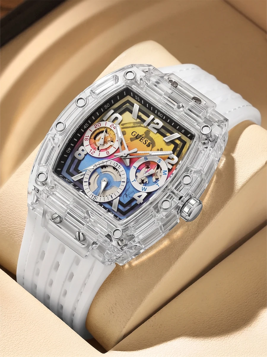 Relojes Transparentes de Lujo Originales GUESS para Hombre, Reloj de Pulsera Deportivo de Moda con Cronógrafo de Cuarzo Multifunción Colorido, Regalo