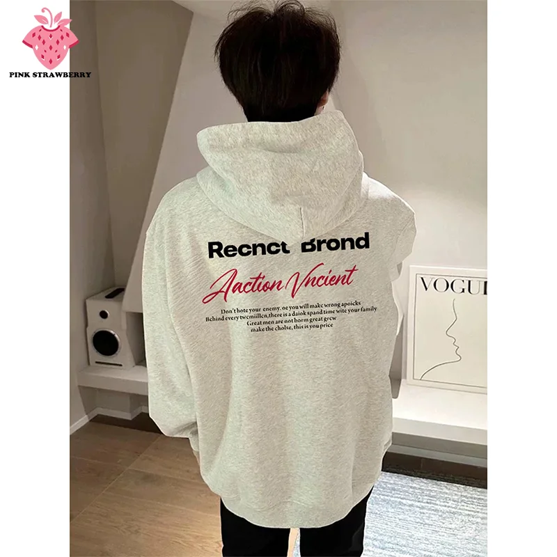 

American Street Letter Print Plush Hoodies Men Autumn Winter 2025 New Oversize White Pullover Sweatshirt Y2K Tops Mens clothing