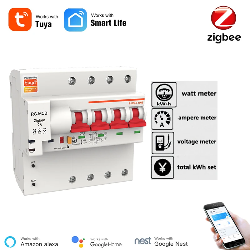 Smart Zigbee Circuit Breaker 4P WiFi Switch Power Consumption Smart RC-MCB Alexa Compatible