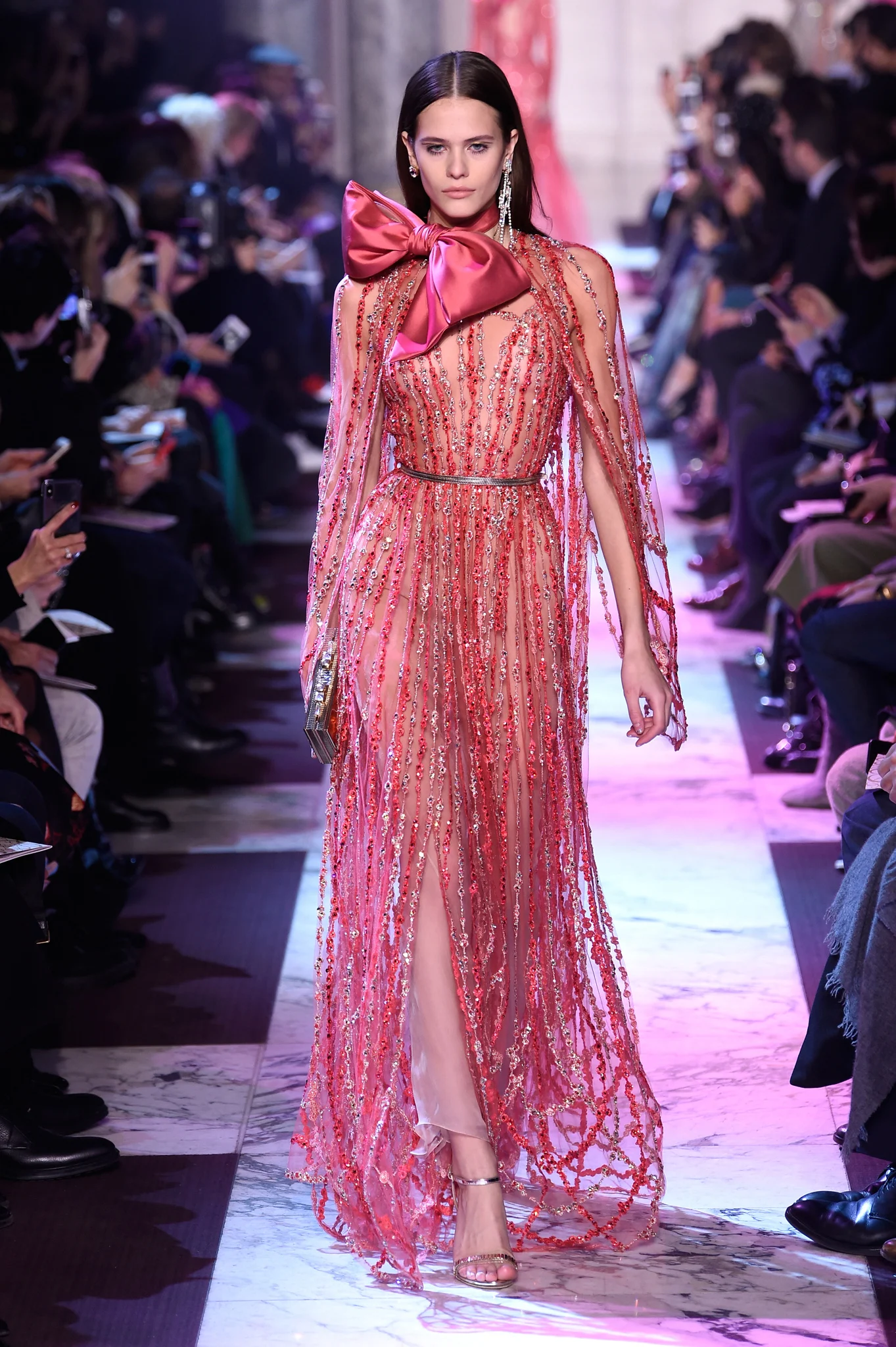 

Luxurious Elie Saab Red Long Sleeves Beaded with Satin Bow A-line فساتين السهرة vestidos de fiesta فساتين سهره evening dresses