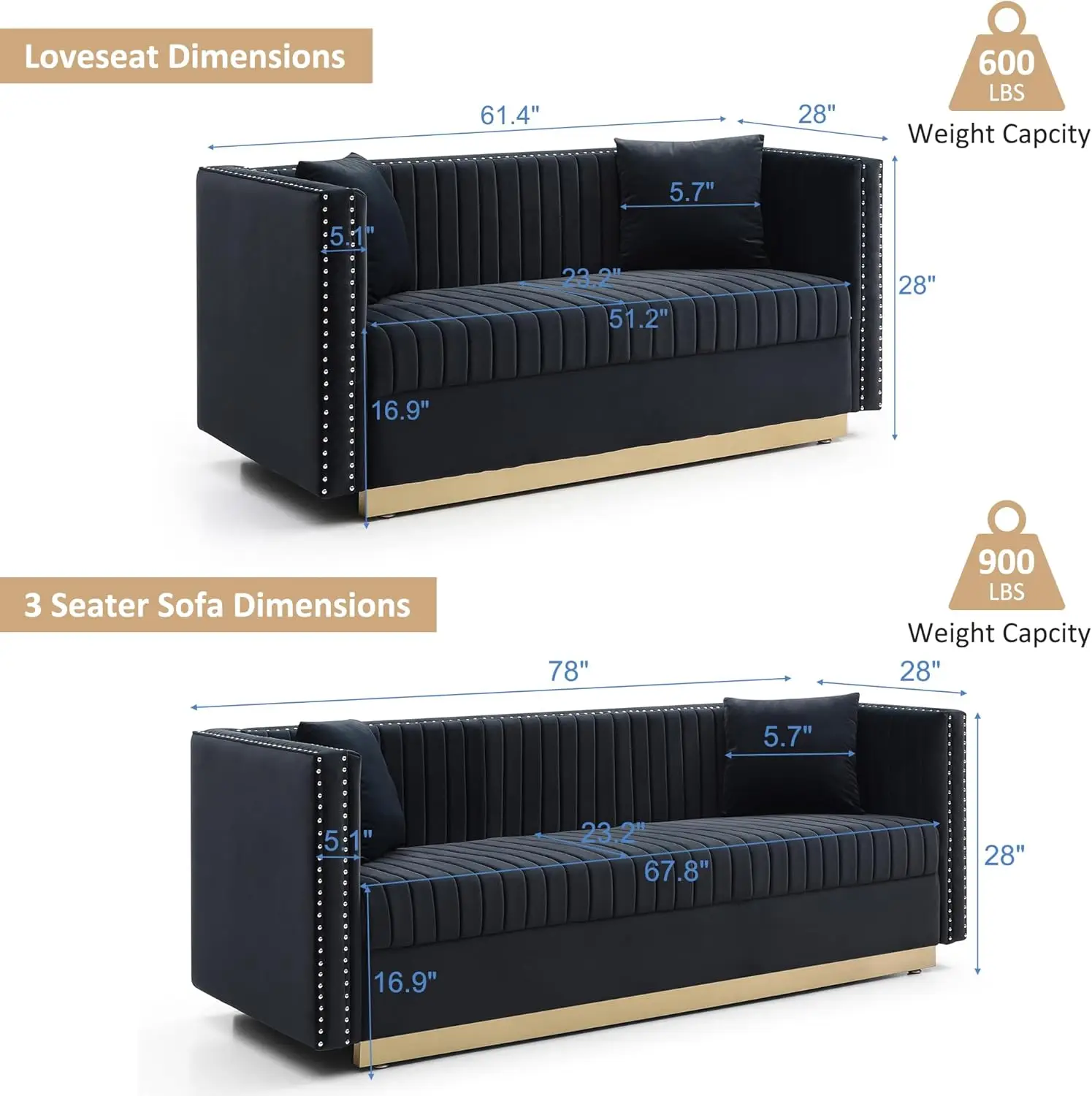 2 Piece Living Room Furniture Set, Modern Velvet Tufted Loveseat and 3 Seater Sofa Couch Set