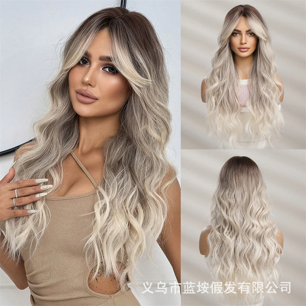 European and American style gradient white gold wig, long curly hair for women, natural large wave full head wig cover