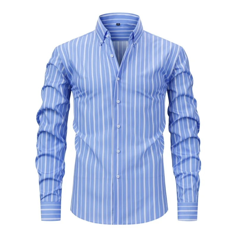 Spring Autumn Men's Printed Striped Long Sleeve Lapel Shirt Fashion Business Casual Slim Fit Shirt