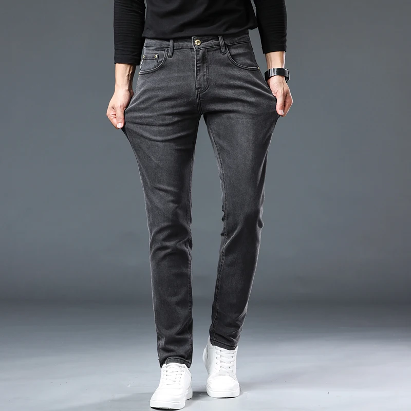 High-end European version of the fall new men's jeans black and gray Slim straight trend fashion small feet pants