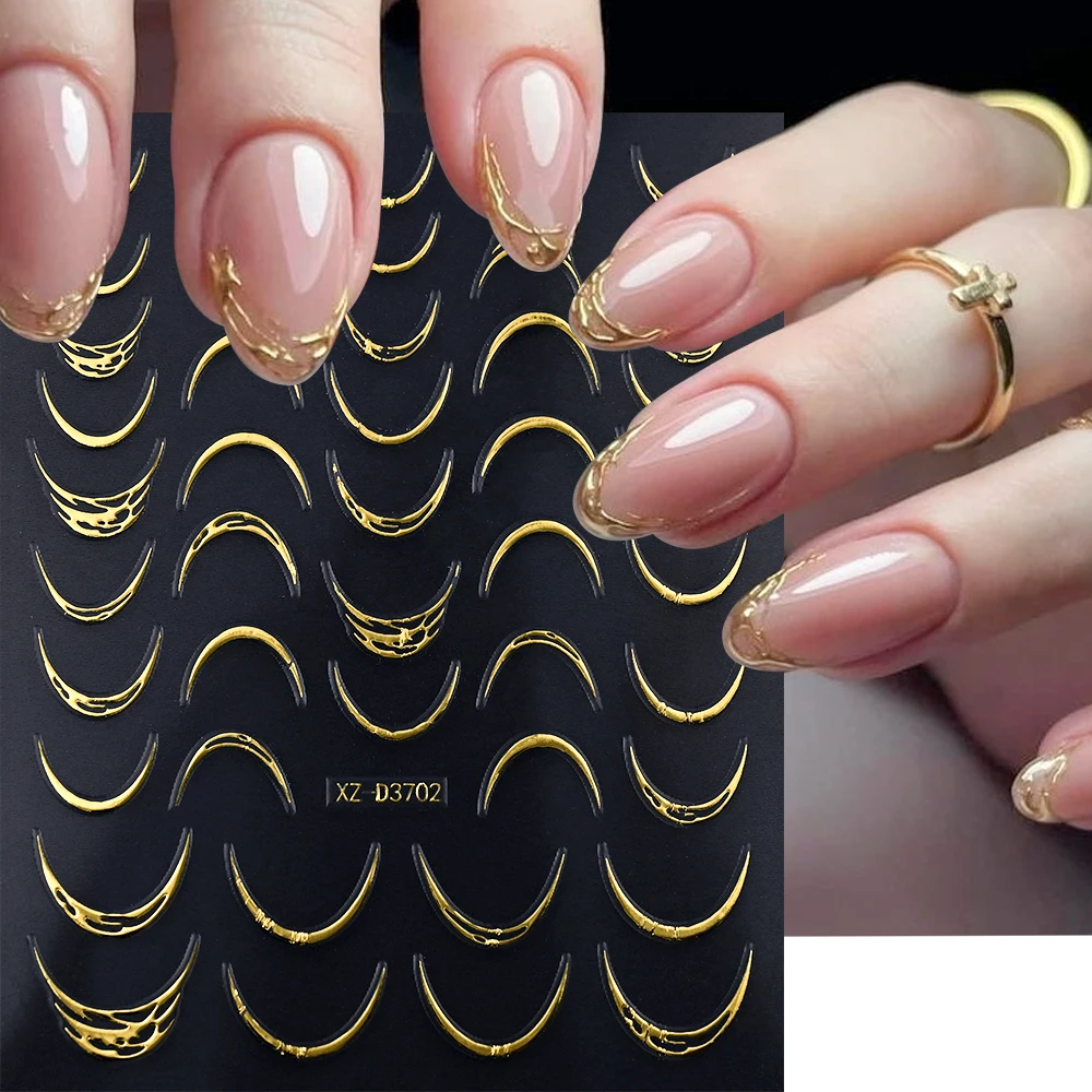 

Golden French Crescent Moon Nail Art Stickers 3D Hot Stamping Charming Tassel/Star/Leaf/Geometry Self Adhesive DIY Nail Decals#*