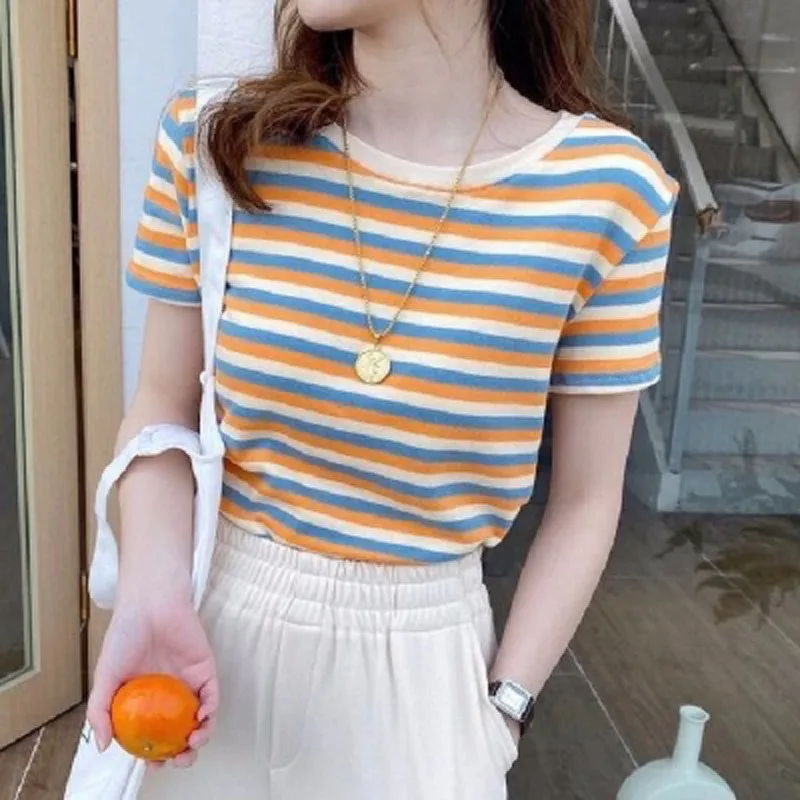 

Slim Fit Striped ort Sve T-irt Women's Korean Sle Base irt Summer New Arrival Student Faion Body irt Polyester